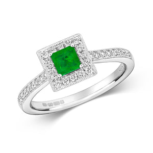 DIAMOND & EMERALD SQUARE CLUSTER WITH SET SHOULDERS RING IN 18CT WHITE GOLD