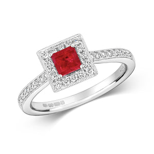 DIAMOND & RUBY SQUARE CLUSTER WITH SET SHOULDERS RING IN 18CT WHITE GOLD