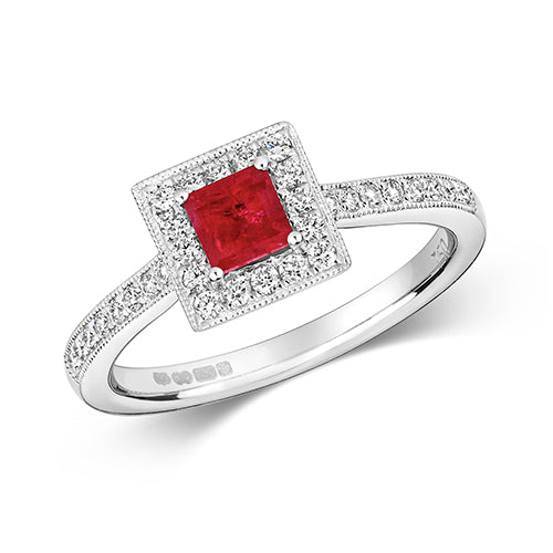 DIAMOND & RUBY SQUARE CLUSTER WITH SET SHOULDERS RING IN 18CT WHITE GOLD