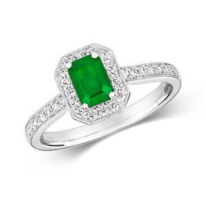 DIAMOND & EMERALD OCTAGON CLUSTER WITH SET SHOULDERS RING IN 18CT WHITE GOLD