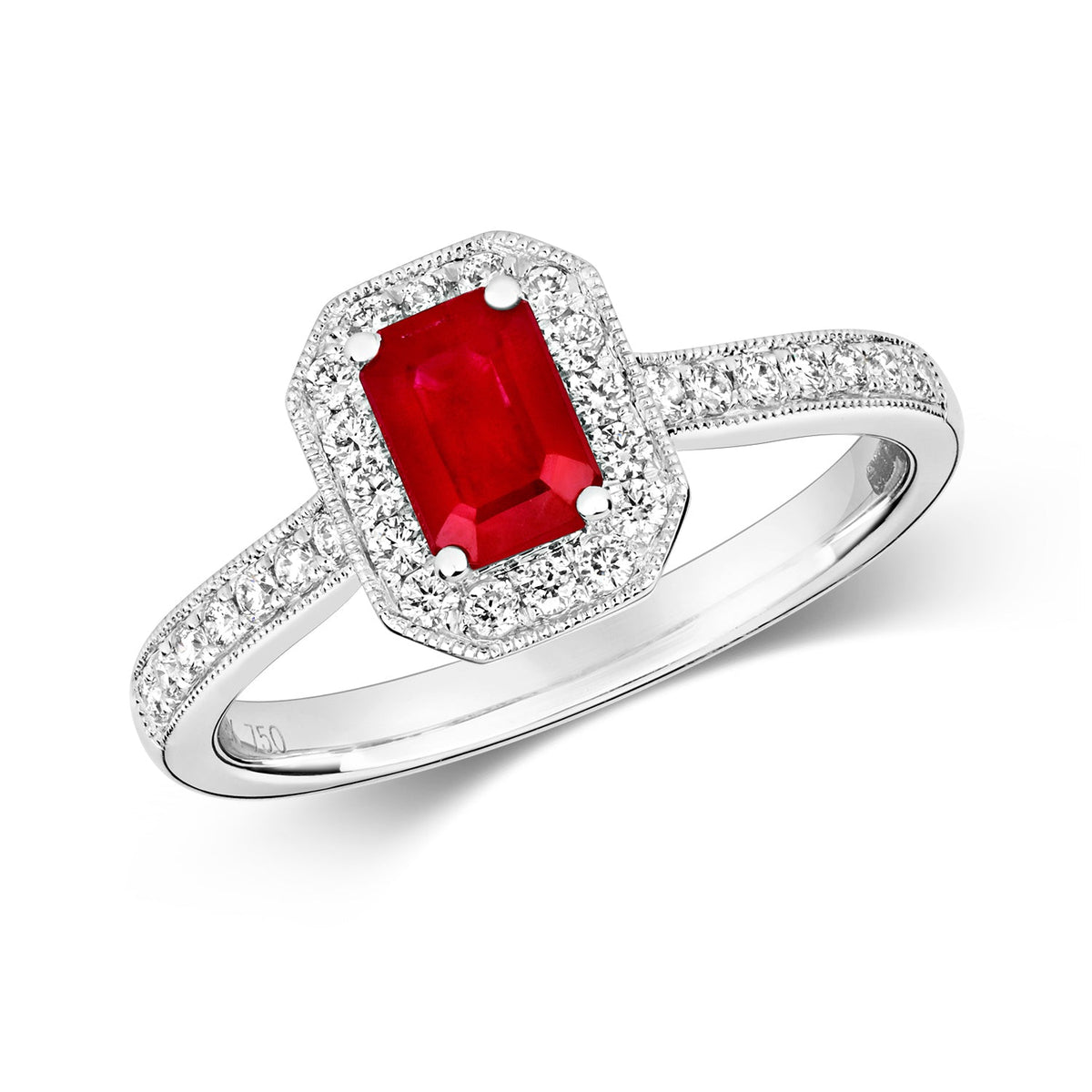 DIAMOND & RUBY OCTAGON CLUSTER WITH SET SHOULDERS RING IN 18CT WHITE GOLD