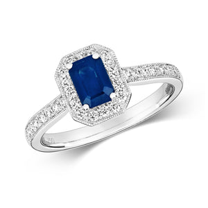 DIAMOND & SAPPHIRE OCTAGON CLUSTER WITH SET SHOULDERS RING IN 18CT WHITE GOLD