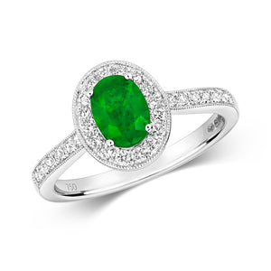 DIAMOND & EMERALD OVAL CLUSTER WITH SET SHOULDERS RING IN 18CT WHITE GOLD