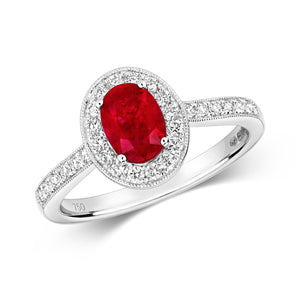 DIAMOND & RUBY OVAL CLUSTER WITH SET SHOULDERS RING IN 18CT WHITE GOLD