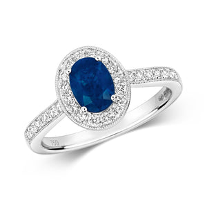 DIAMOND & SAPPHIRE OVAL CLUSTER WITH SET SHOULDERS RING IN 18CT WHITE GOLD