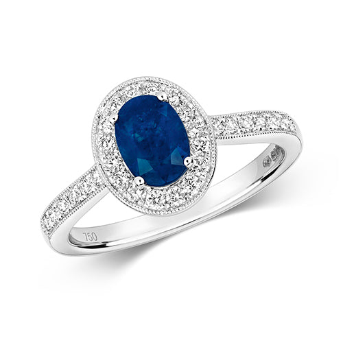 DIAMOND & SAPPHIRE OVAL CLUSTER WITH SET SHOULDERS RING IN 18CT WHITE GOLD