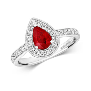 DIAMOND & RUBY PEAR SHAPE CLUSTER WITH SET SHOULDERS RING IN 18CT WHITE GOLD