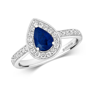 DIAMOND & SAPPHIRE PEAR SHAPE CLUSTER WITH SET SHOULDERS RING IN 18CT WHITE GOLD