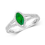  ANELLO A FORMA DI MARQUISE CON DIAMANTI E SMERALDI E SPALLE DIVISE IN ORO BIANCO 18KT