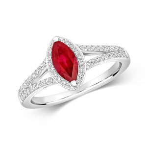 DIAMOND & RUBY MARQUISE CLUSTER WITH SET SPLIT SHOULDERS RING IN 18CT WHITE GOLD