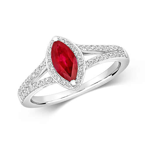 Diamant- und Rubin-Marquise-Cluster mit geteilter Schulterpartie, Ring aus 18-karätigem Weißgold