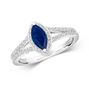 DIAMOND & SAPPHIRE MARQUISE CLUSTER WITH SET SPLIT SHOULDERS RING IN 18CT WHITE GOLD