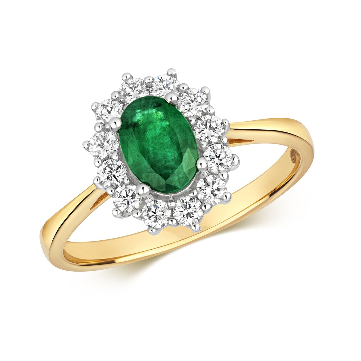  ANELLO A GRUPPO OVALE CON DIAMANTI E SMERALDI IN ORO 18KT