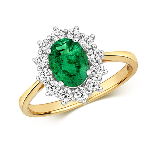  ANELLO A GRUPPO OVALE CON DIAMANTI E SMERALDI IN ORO 18KT