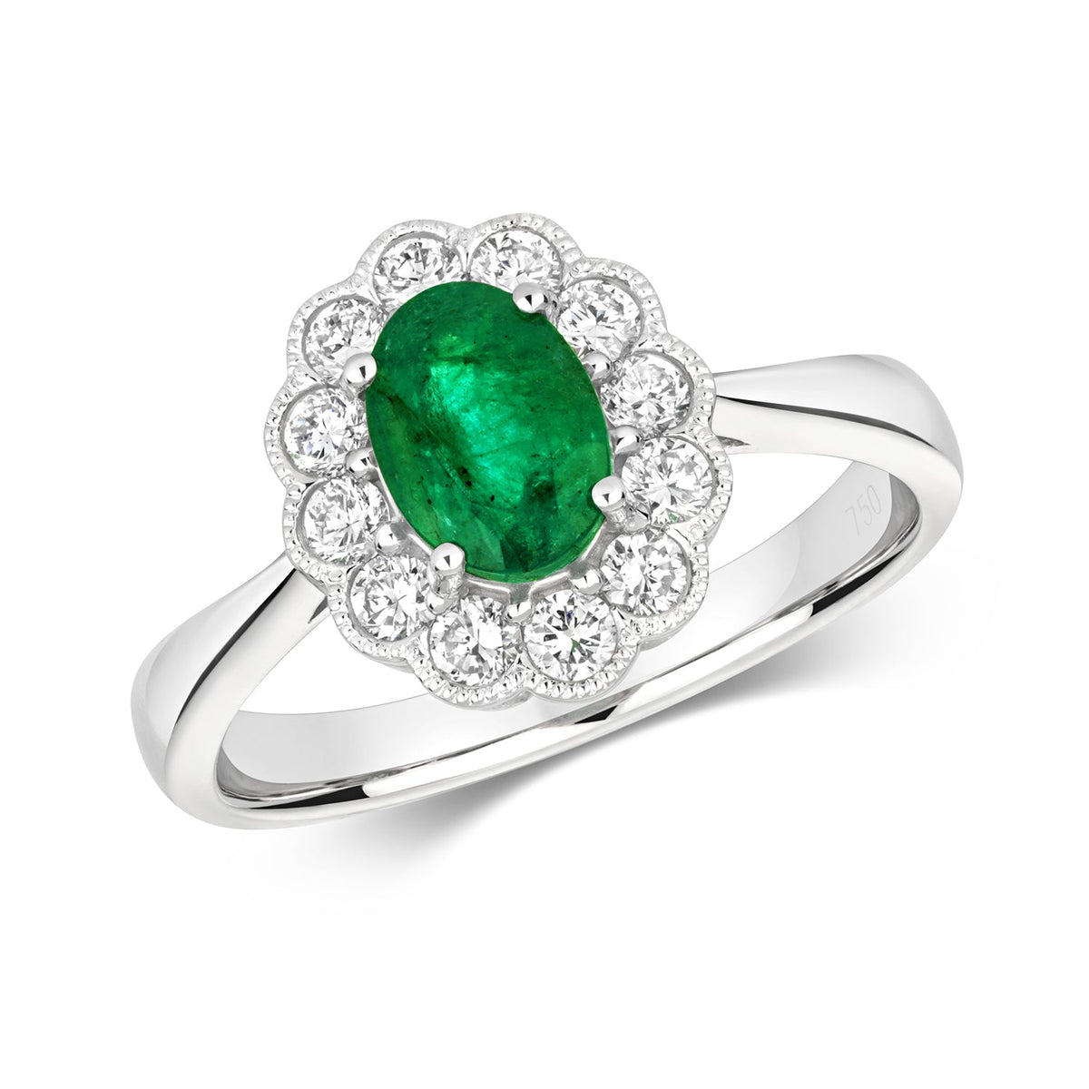  ANELLO A GRUPPO OVALE IN STILE VITTORIANO CON DIAMANTI E SMERALDI IN ORO BIANCO 18KT