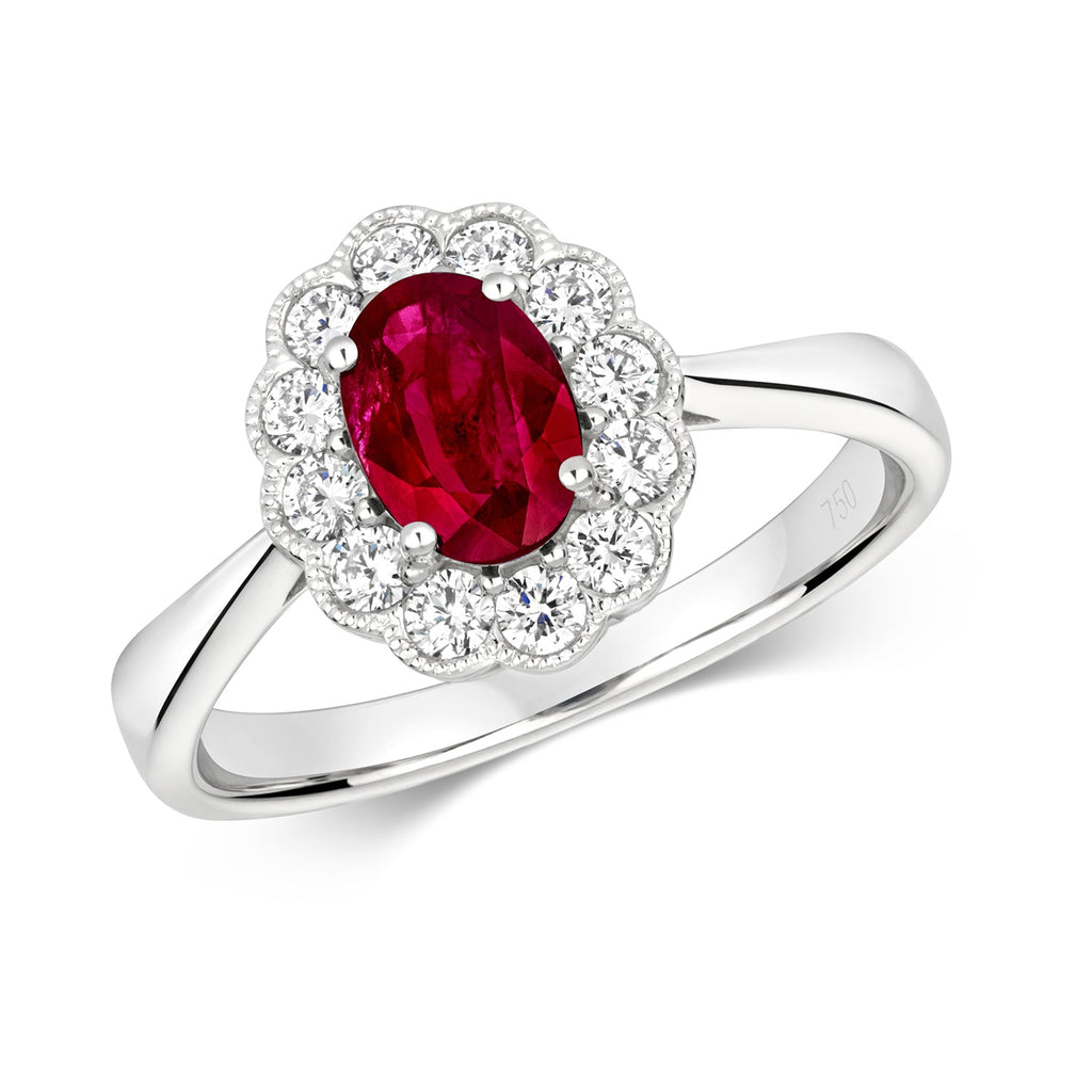 Bague ovale victorienne sertie de diamants et de rubis en or blanc 18 carats