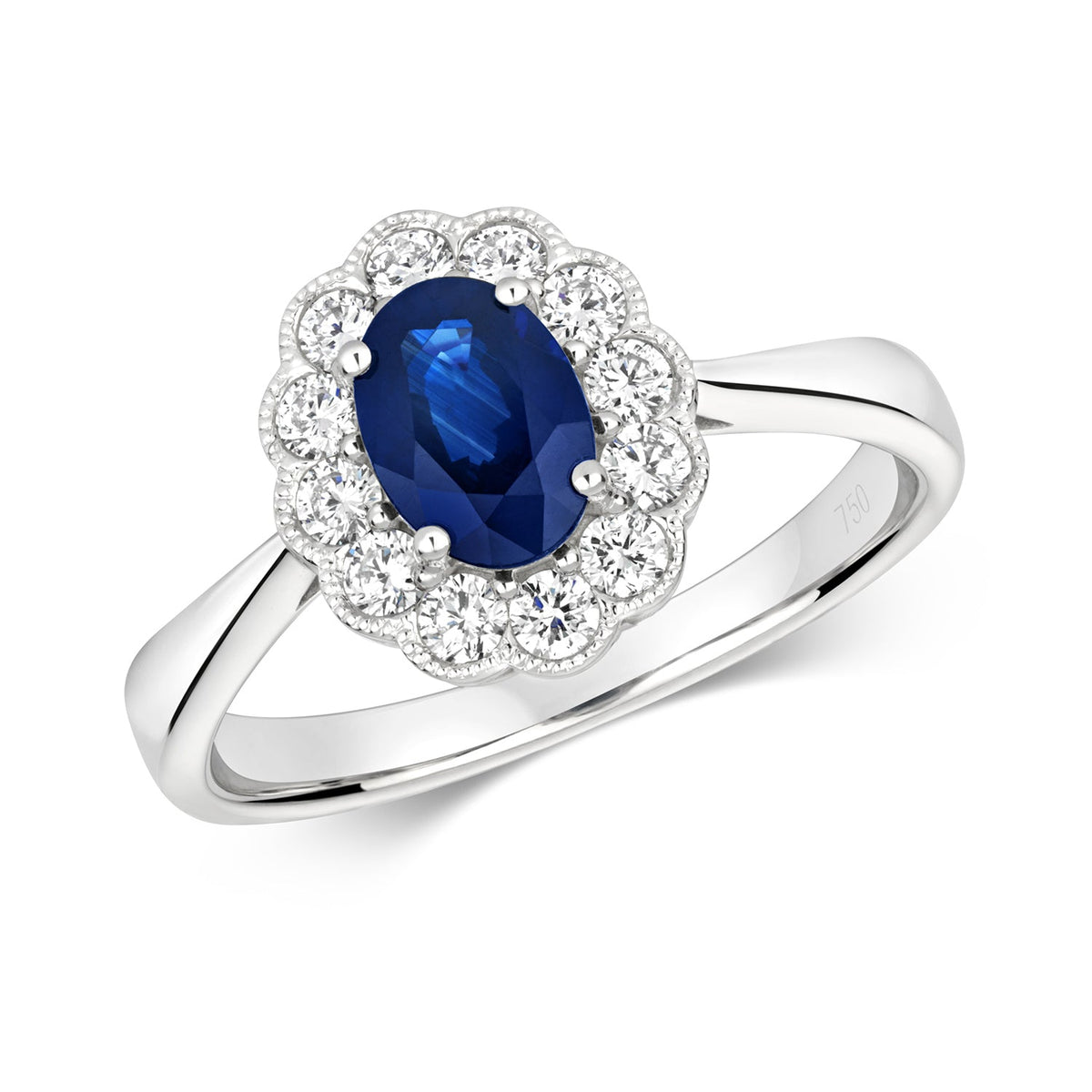 DIAMOND & SAPPHIRE OVAL VICTORIAN STYLE CLUSTER RING IN 18CT WHITE GOLD