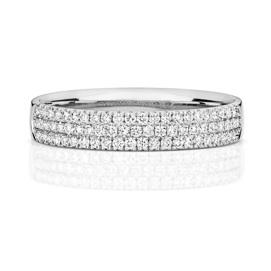 Alliance sertie de diamants, 3 rangs, en or blanc 18 carats