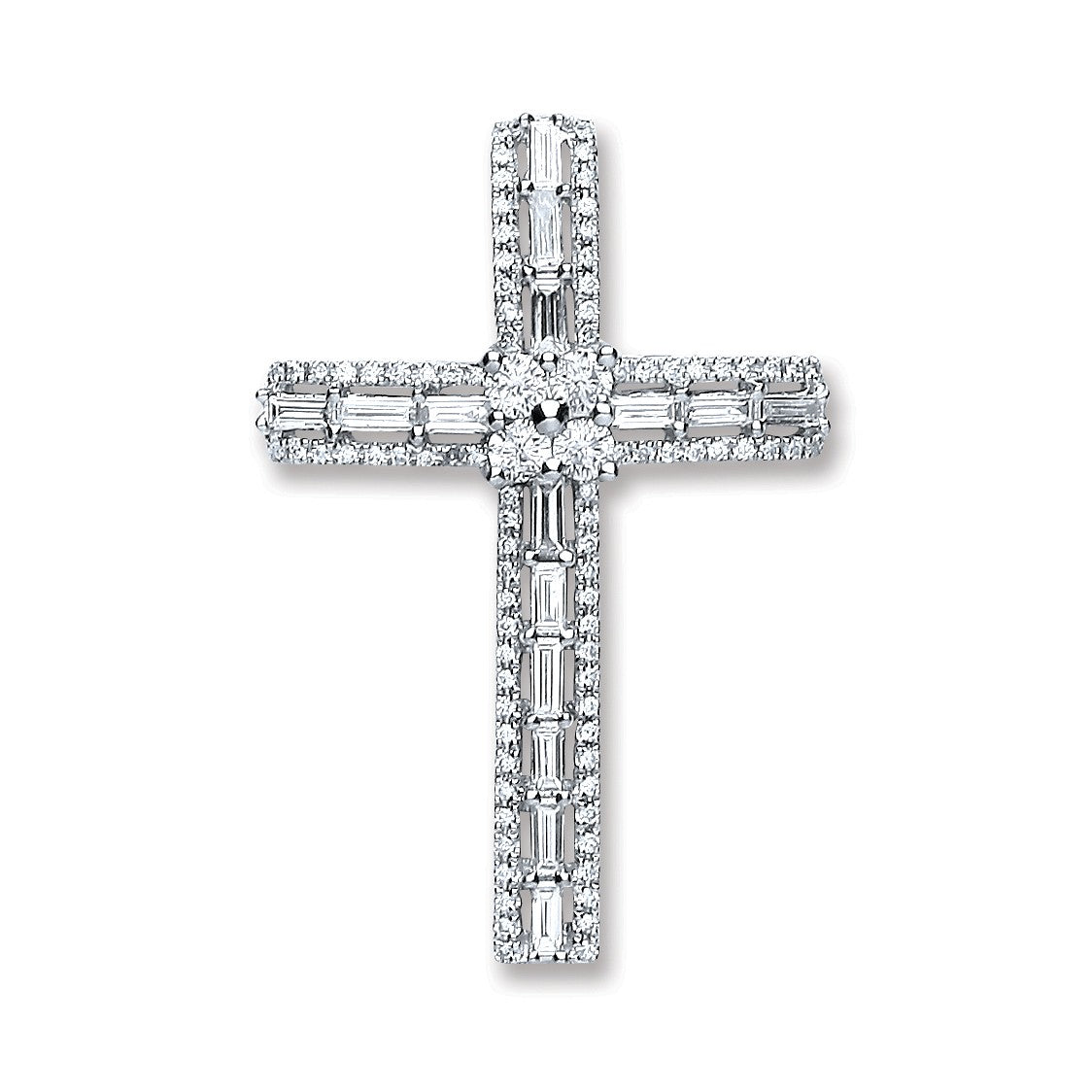 1ct Diamond Pendant Cross 18ct White Gold Baguette & Brilliant Cut