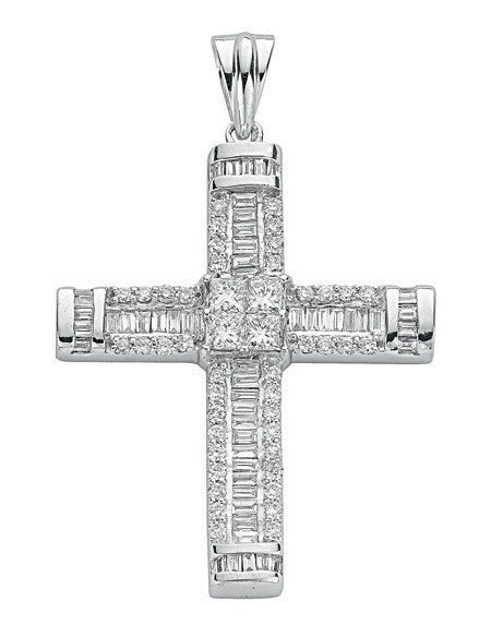  Croce in oro bianco 18 carati con diamanti taglio brillante, taglio princess e taglio baguette da 1,52 carati