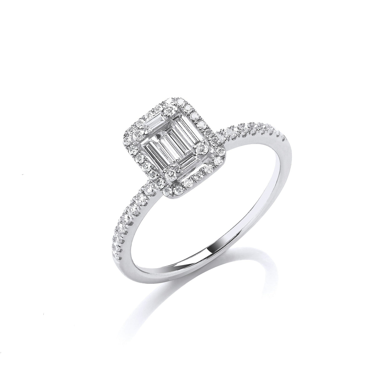0.50ct baguette & brilliant cut diamonds rectangle halo ring in 18ct white gold